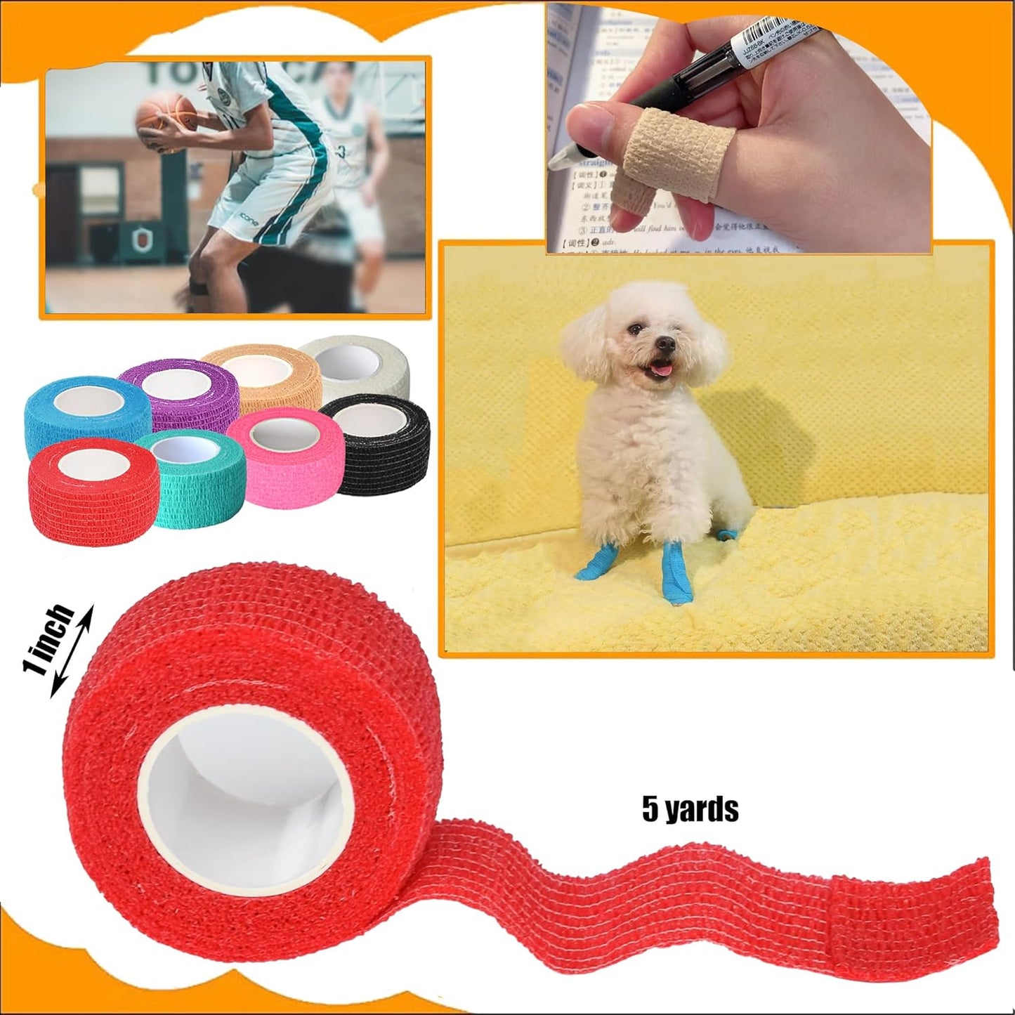 8 Pack 1 in x 5 Yards Cohesive Wrap Self Adhesive Bandage Wrap Elastic Self Adherent Wrap Self Stick Vet Tape for Athletic, Wrist, Ankle, Knees, Pets (Red)
