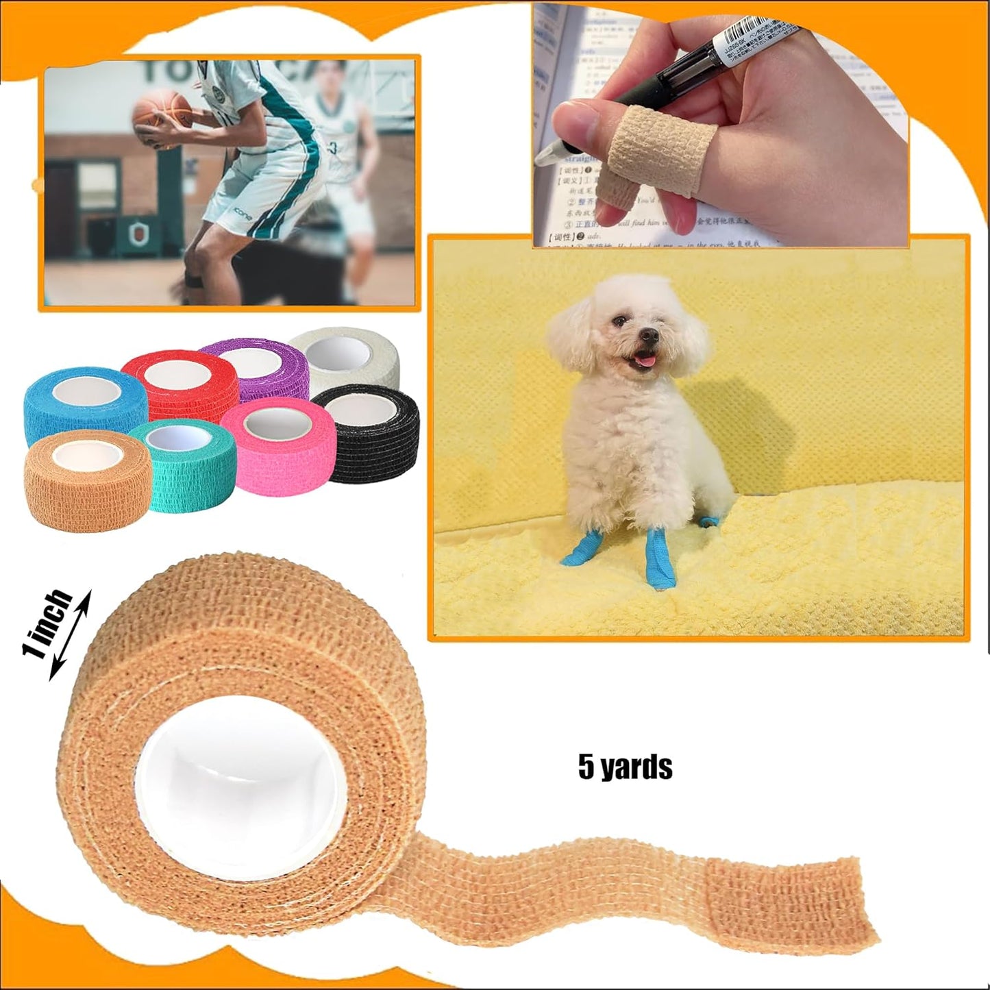 8 Pack 1 in x 5 Yards Cohesive Wrap Self Adhesive Bandage Wrap Elastic Self Adherent Wrap Self Stick Vet Tape for Athletic, Wrist, Ankle, Knees, Pets (Skin Color)