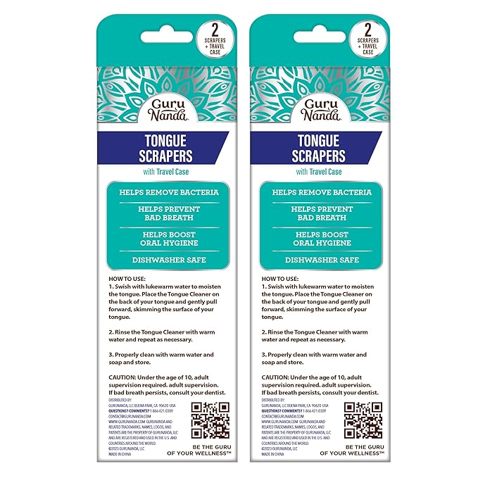 GuruNanda Tongue Scraper for Adults (4-Pack) with Travel Case, 420 Medical Grade Stainless Steel, Aids in Fresh Breath & Oral Care - Travel-Friendly