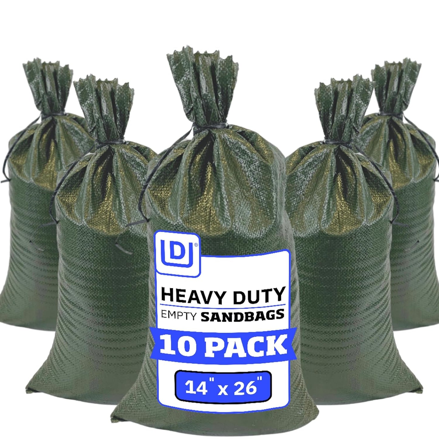 DURASACK Heavy Duty Sand Bags with Tie Strings Empty Woven Polypropylene Sand-Bags for Flood Control with 1600 Hours of UV Protection, 50 lbs Capacity, 14x26 inches, Green, Pack of 10