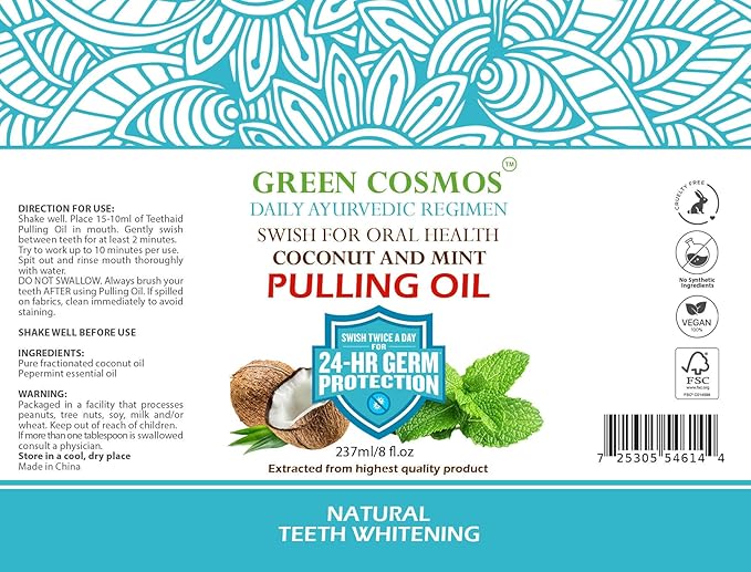 Coconut Mint Pulling Oil Mouthwash, 237ml Natural Teeth Whitening, Ayurvedic Daily Swish for Oral Health Alcohol & Fluoride Free, Healthy Gums, Fresh Breath, Solution for Bad Breath (One Pack)