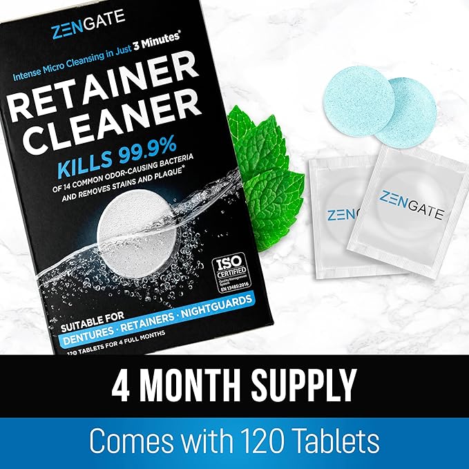 Retainer Cleaner Tablets - Quick 3-Minute Clean for Dentures, Mouth Guards, Aligners, and Night Guards - 120 Dental Cleansing Tablets - FSA HSA Approved Dental Appliance Cleanser