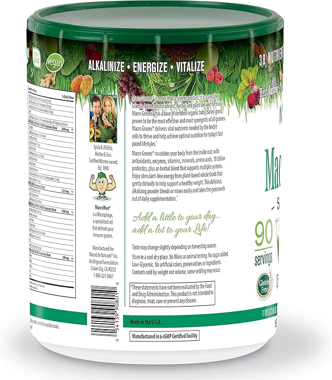 MacroLife Naturals Macro Greens Powder 38 Superfood Probiotic Antioxidant Enzyme & Herbal Supplement Immunity Energy Cleanse - Non-GMO Vegan Gluten-Free Dairy-Free - 30oz (90 Servings)