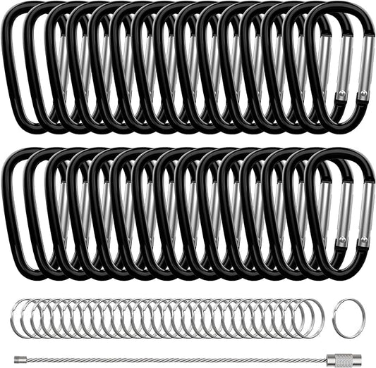 30PCS Aluminum Carabiner Clips, 2" D Shape Spring Snap Hooks Carabiner with 30PCS Keyring Keychain Hook