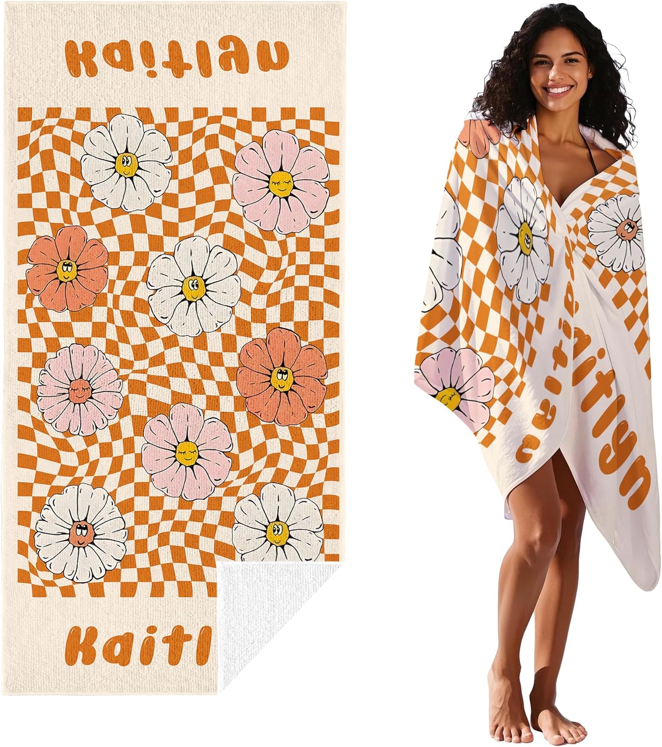 JML Personalized Beach Towel with Name, Custom Flower Beach Towel, Customized Microfiber Pool Towel, Quick Dry & Absorbent Swim Towel for Adult,Anniversary, Birthday, Summer Holiday,Vacation