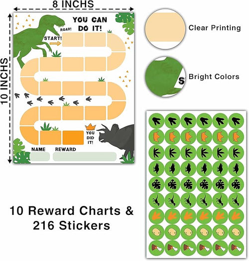 10 Dinosaur Reward Chart with 216 Round Stickers, Incentive Behavior Chart for Kids at Home Classroom, Kids Routine Daily Chore Sticker Chart-A09