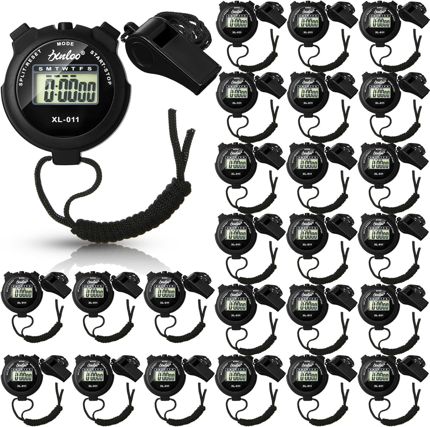 48 Pcs Digital Stopwatch Timer Plastic Whistle Bulk for Sports Coaches Referee Waterproof Watch Timer Whistle with Lanyard Multi Function Electronic Fitness Date Alarm (Black)