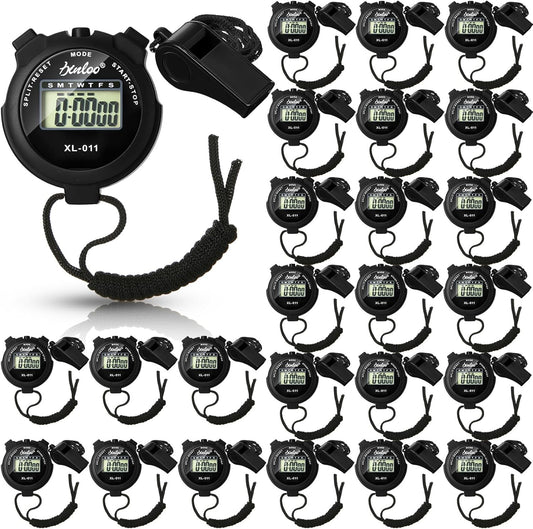 48 Pcs Digital Stopwatch Timer Plastic Whistle Bulk for Sports Coaches Referee Waterproof Watch Timer Whistle with Lanyard Multi Function Electronic Fitness Date Alarm (Black)