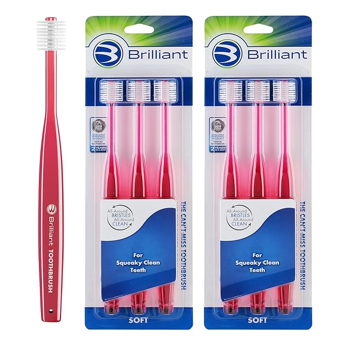 Brilliant Oral Care Adult Toothbrush with Soft Bristles, Round Head, and All-Around Clean for Teeth and Gums, Red, 6 Pack