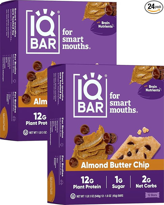 IQBAR Brain and Body Plant Protein Bars - Almond Butter Chip - 24-Count Low Carb - Gluten Free, High Fiber, Vegan Snacks - Low Sugar Meal Replacement