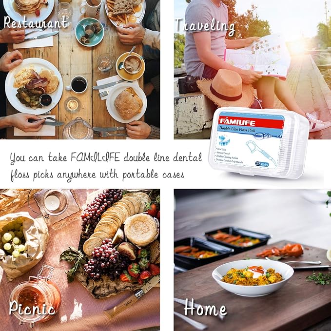 FAMILIFE Dental Floss Picks, Double Line Flossers 200 Count, Unwaxed Flossing Thinner and Tougher Unflavored Threader Flosser with 4 Travel Cases