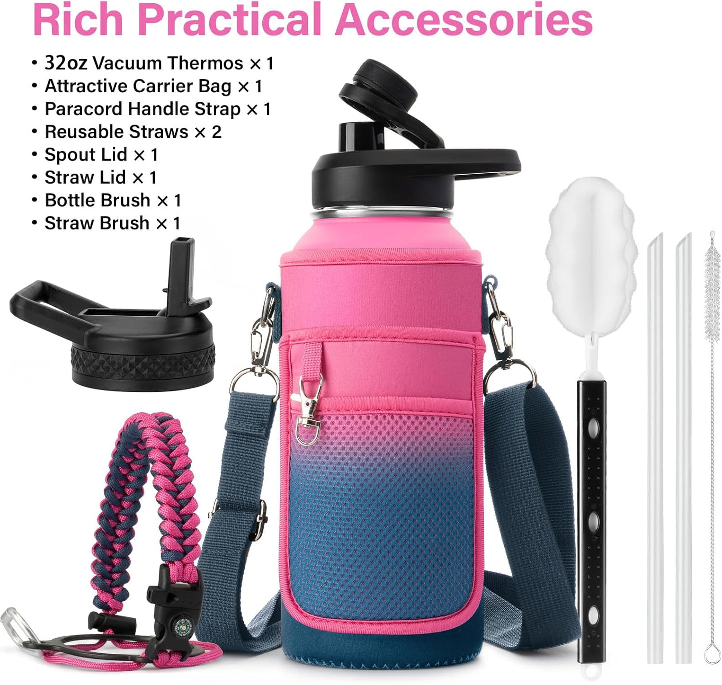 Insulated Water Bottle | Thickened Stainless Steel Vacuum Metal | Portable Sports Water Jug for Gym and Hiking with Straw, Carrier Bag, Handle Strap | BPA-Free 32 oz