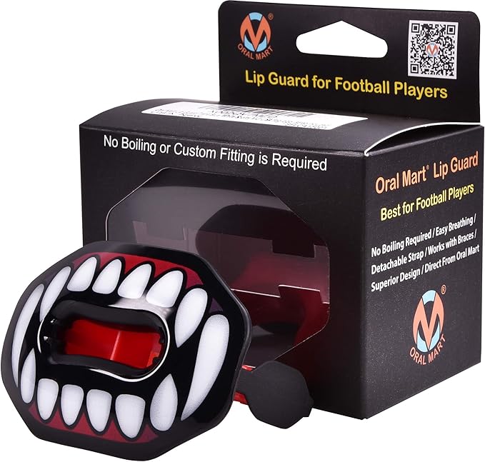 Oral Mart Flag Football Mouth Guard with 3D LipFit Design for Kids - Youth Tackle Football Mouthguard (No Boil) Cool Instant Fit Lip Guard Mouthpiece for Braces (Detachable Helmet Strap Included)