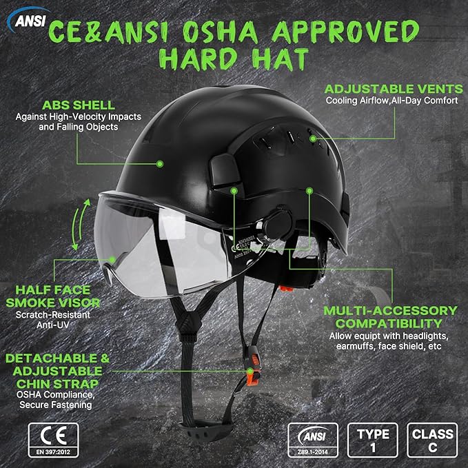 Aolamegs Construction Hard Hats for Adults - Hard Hats Construction OSHA Approved with Smoke Visor for Men Women, ANSI Z89.1 Vented Safety Helmet, Hard Hat with Chin Strap,6 Point Suspension （Black