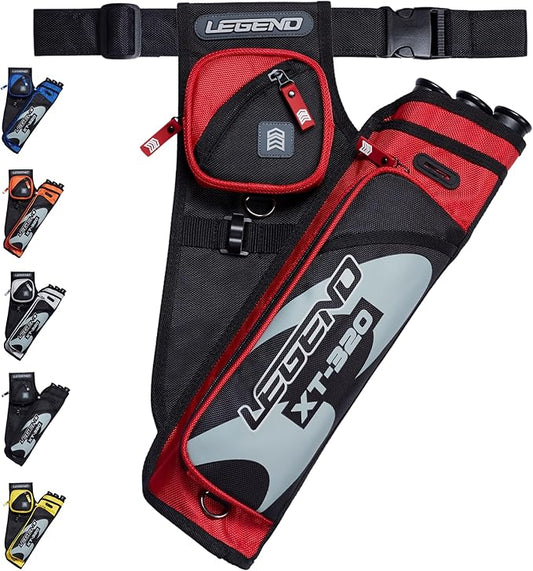LEGEND XT320 Archery Quivers - Nylon Hip Quivers with 3 Arrow Tube Cases for Target Shooting - Adjustable Waist Belt, T-Slot, Storage Compartments for Accessories, Gear, Tools, Release Tab, Score Card