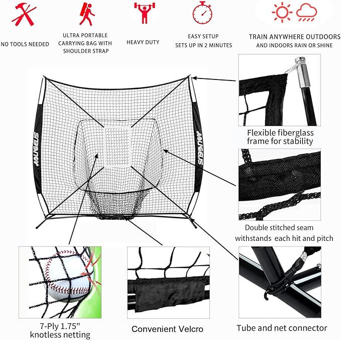 7'X7' Baseball Softball Practice Net,Pitching Net,Batting Net,with Baseball Tee,Bonus Strike Zone and Bow Frame,for Hitting,Pitching, Catching