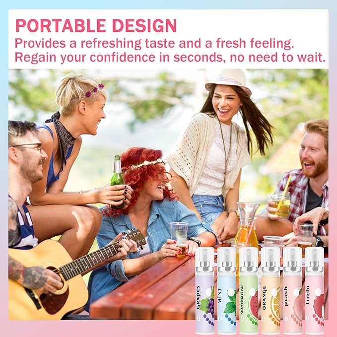 6PCS Fresh Breath Spray,Fruity Flavour Mouth Spray Freshener Spray Set,Peaches,Oranges,Watermelon,Grapes,Lychee,Mint Spray for Mouth,Oral Spray for Adults