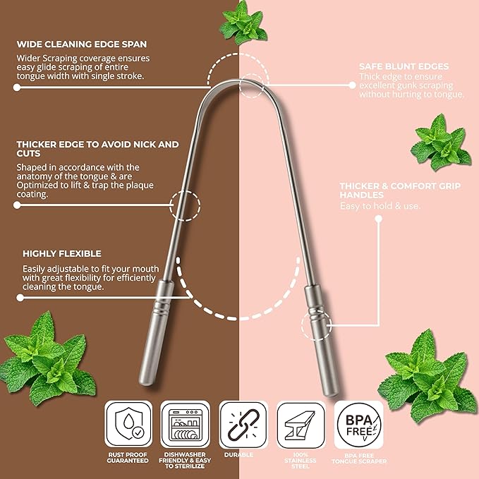 Tongue Scraper, 100% Stainless Steel Tongue scraper for Adults And Kids, Professional Tongue Cleaner for Oral Care, Improve Bad Breath and Hygiene (2 scraper with 1 travel case)