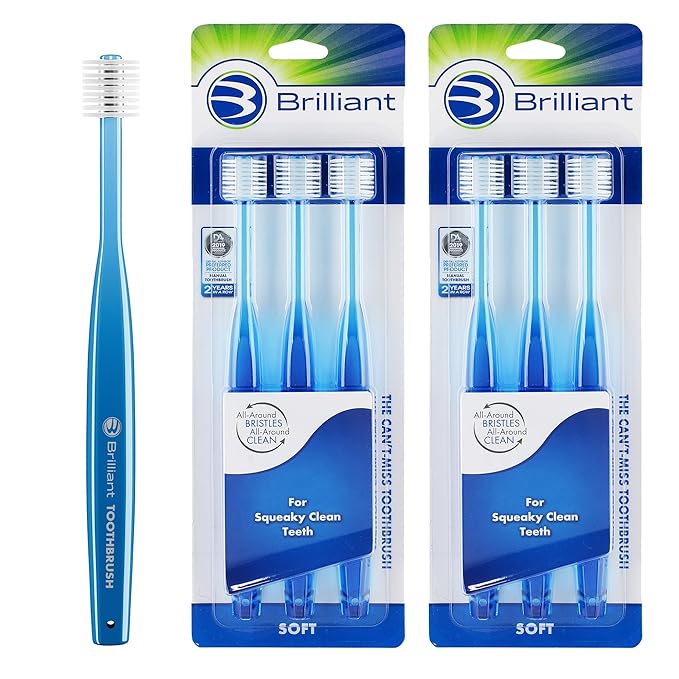 Brilliant Oral Care Adult Toothbrush with Soft Bristles, Round Head, and All-Around Clean for Teeth and Gums, Blue, 6 Pack