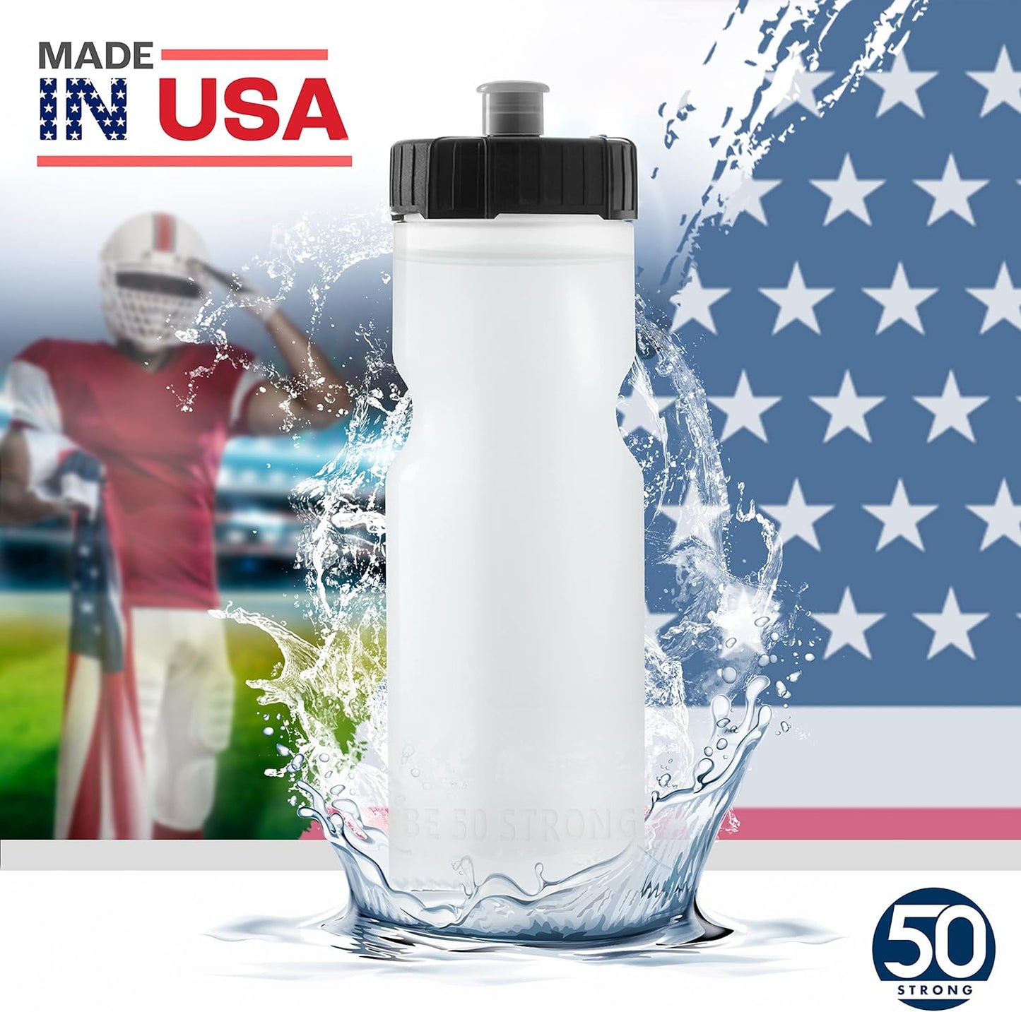 50 Strong Sports Water Bottles – Reusable 22 oz BPA-Free Plastic Bottles with Pull Top Cap – Made in USA – Top Rack Dishwasher Safe – Fits Most Bike Cages Brand