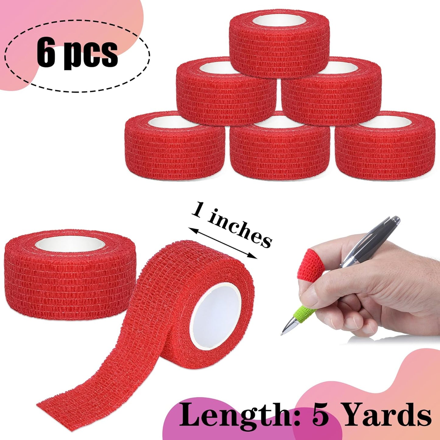 6 Pack 1 Inches Self Adhesive Bandage Wrap Breathable Cohesive Bandage Elastic Tape for Pets, Athletic, Sports, Wrist, Knee, Ankle(5 Yards Per Roll, Red)