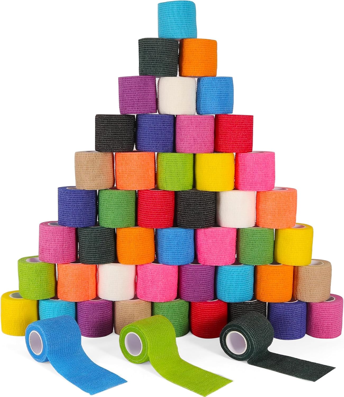 48 Pack Self Adhesive Bandage Wrap, 2” x 5 Yards Cohesive Medical Tape Elastic Grip Tape Black Sports Tape Athletic for Ankle, Wrist Sprains, Pet First Aid (Multi-Color)