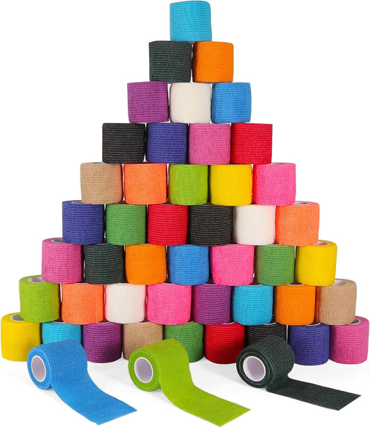48 Pack Self Adhesive Bandage Wrap, 2” x 5 Yards Cohesive Medical Tape Elastic Grip Tape Black Sports Tape Athletic for Ankle, Wrist Sprains, Pet First Aid (Multi-Color)