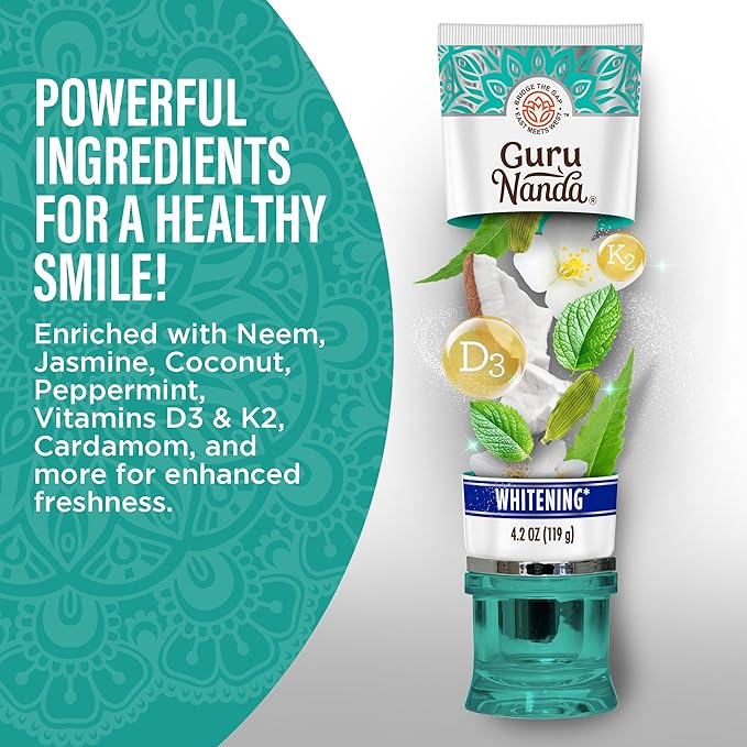 GuruNanda Hydroxyapatite Toothpaste, SLS & Fluoride Free, Whitening Toothpaste - Freshens Breath, Fights Plaque - Natural CocoMint Jasmine Neem, 4.2oz (Pack of 2)