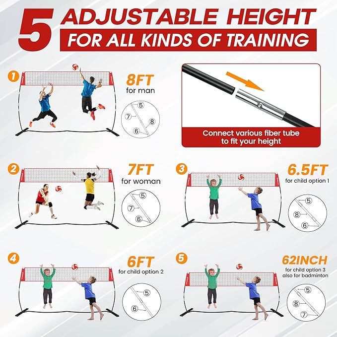 12ft/14ft Portable Volleyball Training Practice Net Set 5 Heights Adjustable for Indoor Outdoor with Tetoron Net, Freestanding Base, PU Volleyball, Carry Bag, Sandbags - Instant Set Up