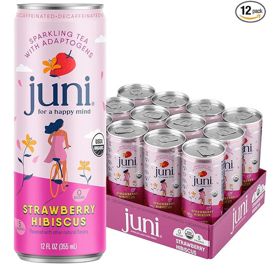 Juni Sparkling Adaptogen Drink with Ashwagandha, Lion’s Mane & Reishi Mushrooms | Green Tea for Focus, Zero Sugar, 5 Calories | Decaffeinated, Non Alcoholic Drinks - Strawberry Hibiscus 12 pack