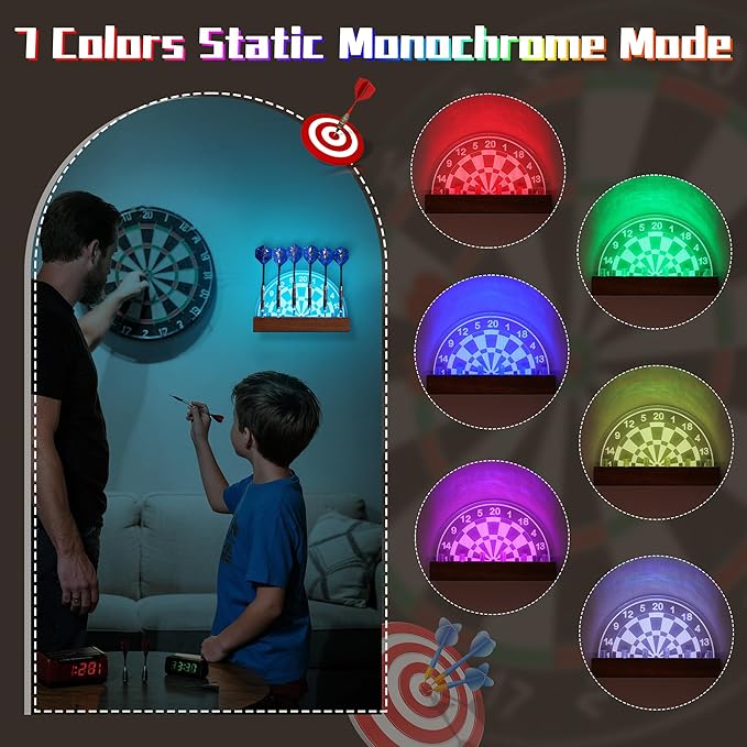 Light Up Dart Stand Wall Mount, Acrylic Wooden LED Dart Holder with Multiple Color Modes with Remote Control Holds 6 Darts, Xmas Birthday Gifts for Darts Enthusiasts