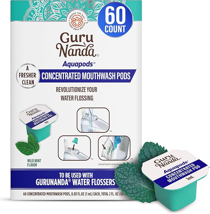 GuruNanda Aqua Pods Pre-Measured Concentrated Mouthwash for GuruNanda Water Flosser 4.0, Fluoride & Alcohol-Free, Wild Mint Flavor, Travel-Friendly, 60 Count