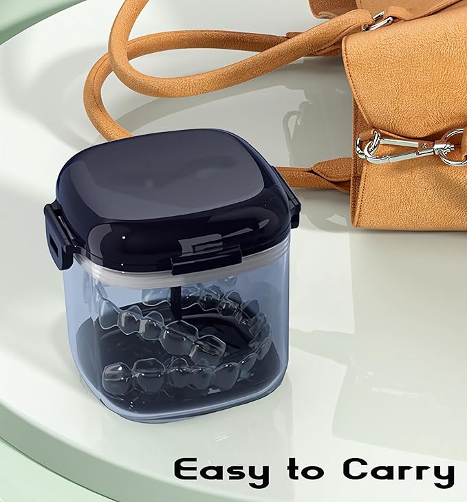 MURRI&MURRDI Retainer Case, Denture Bath Box with Strainer Basket, Mouth Guard Case, Braces Cleaner Cup, Cute Denture Holder Night Guard Storage Soak Container for Travel Cleaning (A Blue)