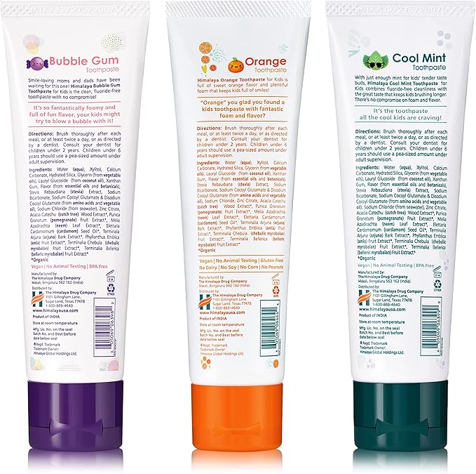 Himalaya Botanique Kids Toothpaste with Xylitol, Variety Pack of Bubble Gum, Orange & Cool Mint - Fluoride Free Toothpaste - Vegan, Gluten Free, No Artificial Flavors or Colors, 4 oz (Pack of 3)