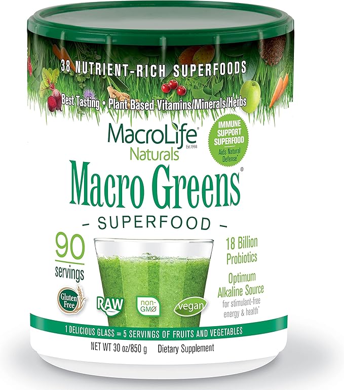 MacroLife Naturals Macro Greens Powder 38 Superfood Probiotic Antioxidant Enzyme & Herbal Supplement Immunity Energy Cleanse - Non-GMO Vegan Gluten-Free Dairy-Free - 30oz (90 Servings)
