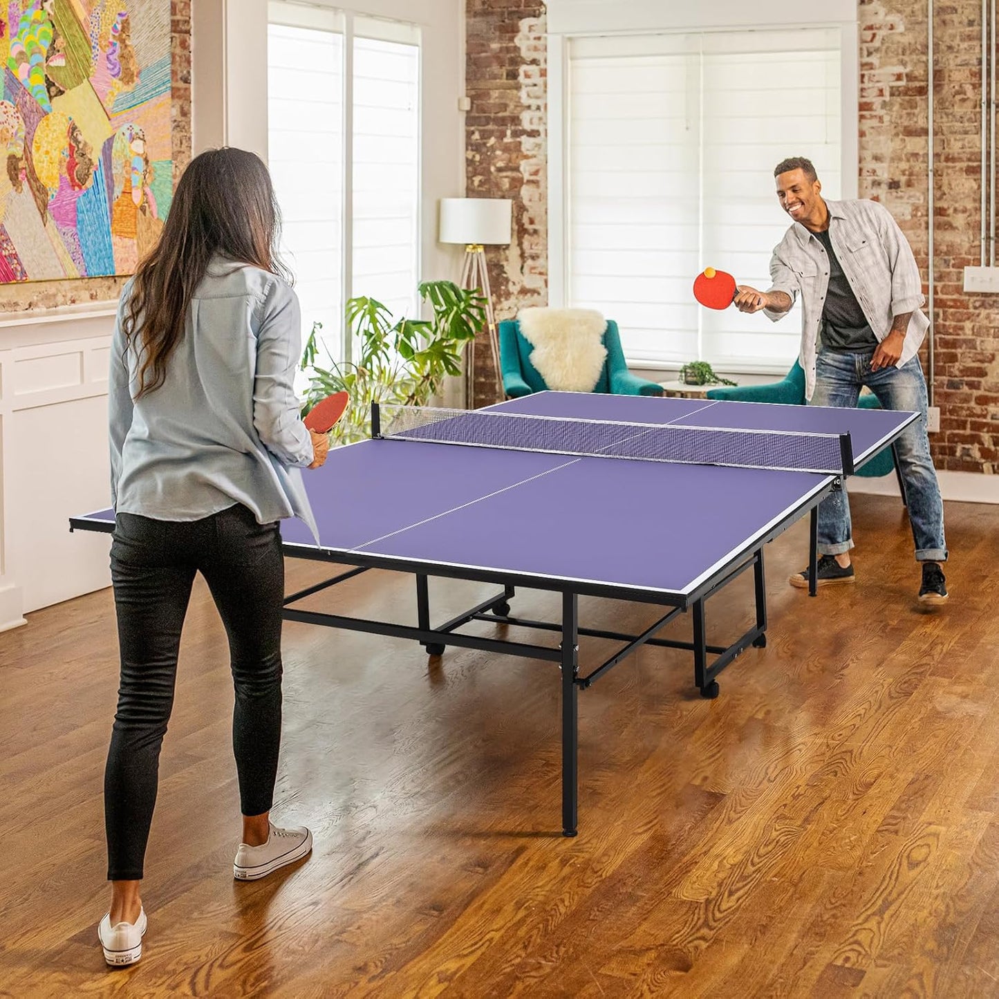 9FT Portable Ping Pong Table,Professional Indoor/Outdoor Table Tennis Tables with Net for Adults/Teens, 2 Tennis Paddles and 3 Balls, Easy Assembly,Single Player Playback Mode