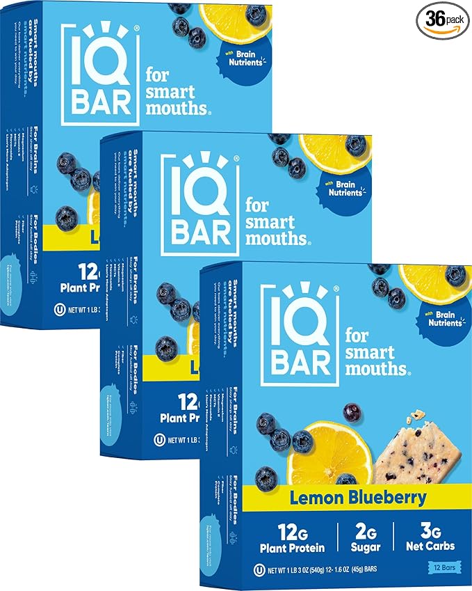 IQBAR Brain and Body Plant Protein Bars - Lemon Blueberry - 36-Count Low Carb - Gluten Free, High Fiber, Vegan Snacks - Low Sugar Meal Replacement