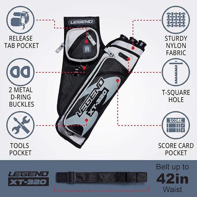 LEGEND XT320 Archery Quivers - Nylon Hip Quivers with 3 Arrow Tube Cases for Target Shooting - Adjustable Waist Belt, T-Slot, Storage Compartments for Accessories, Gear, Tools, Release Tab, Score Card