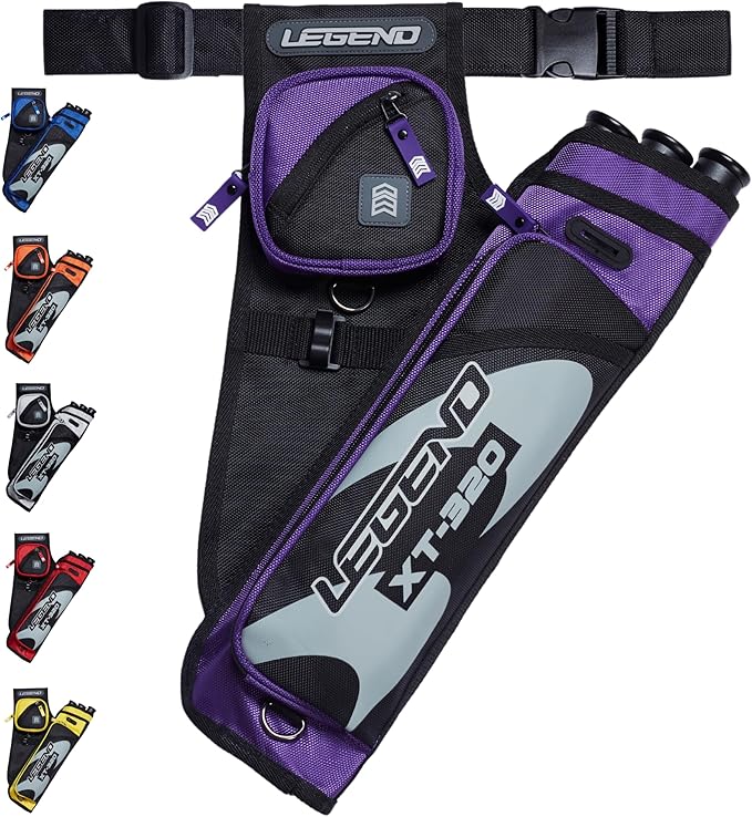 LEGEND XT320 Archery Quivers - Nylon Hip Quivers with 3 Arrow Tube Cases for Target Shooting - Adjustable Waist Belt, T-Slot, Storage Compartments for Accessories, Gear, Tools, Release Tab, Score Card
