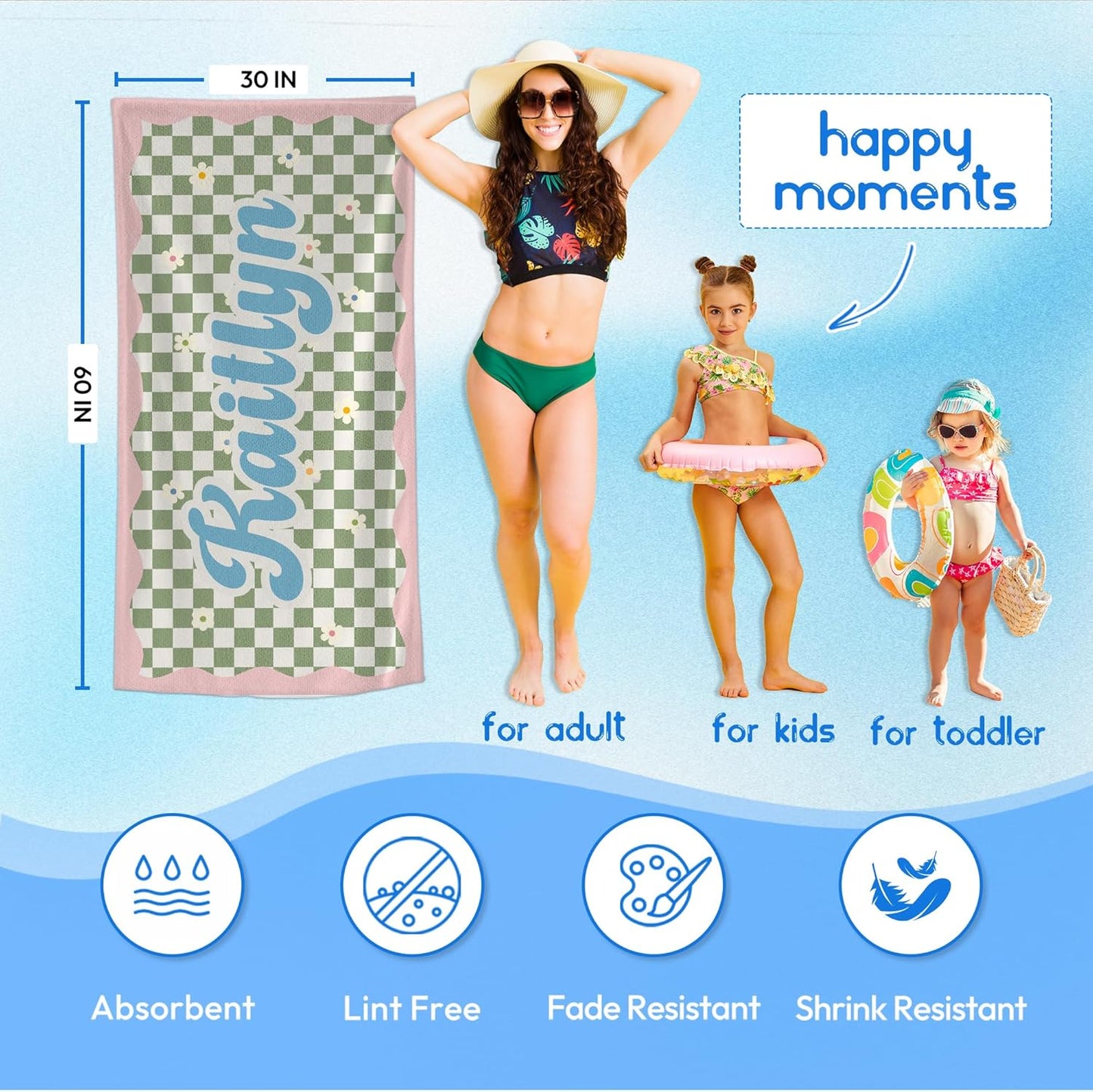 JML Personalized Beach Towel with Name, Custom Flower Beach Towel, Customized Microfiber Pool Towel, Quick Dry & Absorbent Swim Towel for Adult,Anniversary, Birthday, Summer Holiday,Vacation