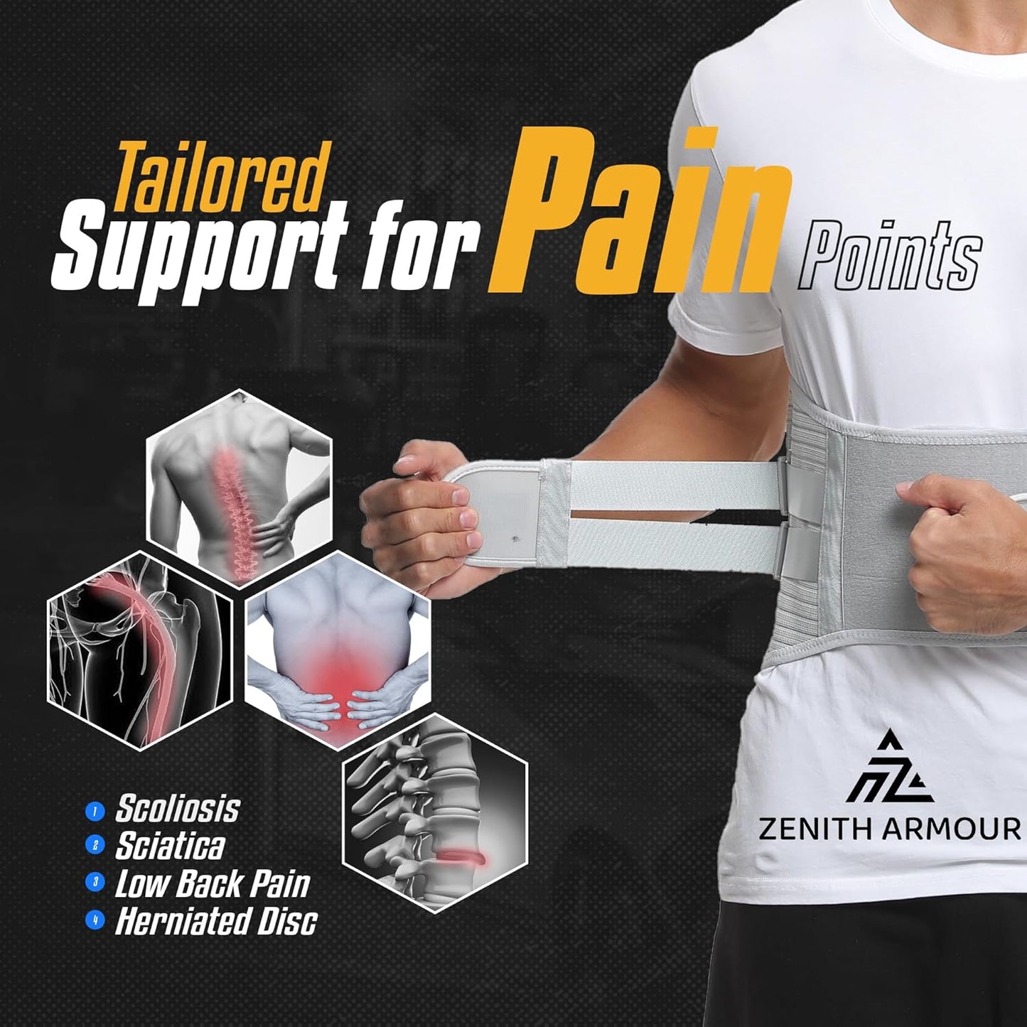 Lumbar Support, Lower Back Brace Support for Lower Back Pain Relief, Scoliosis, Herniated Disc, Sciatica - Adjustable, Removable Metal Plate, Machine Washable - Men and Women (X-Large)