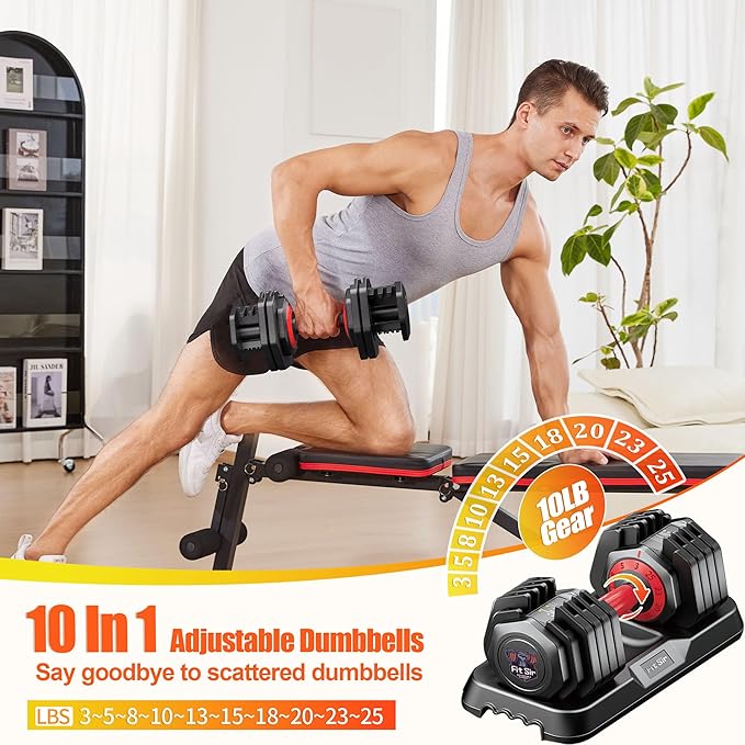Adjustable Dumbbell Set 25/55/90LBS,10 in 1 Free Weights Dumbbell with Anti-Slip Texture Handle,1 Sec Speed Adjustment Men/Women Gym and Home Strength Training Equipment.