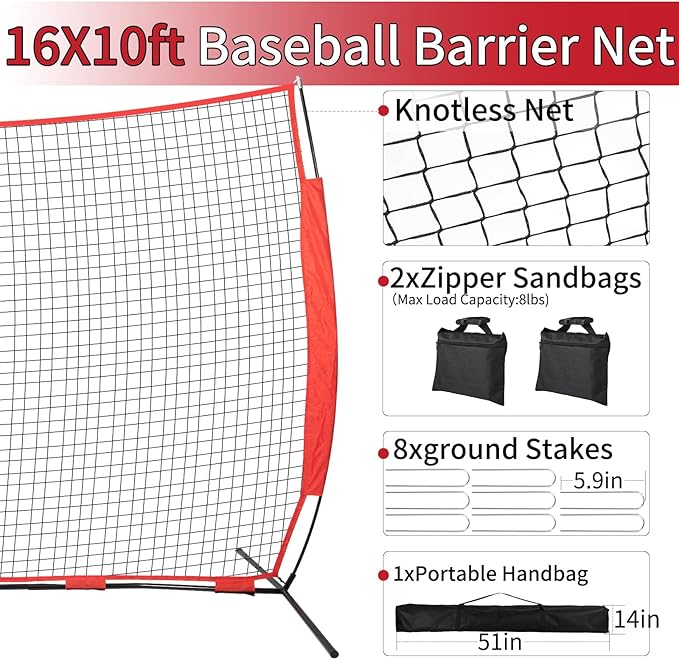 7x7/16x10/20x10ft Backstop Net, Ball Stop Net with Handbag,Fix Sports Net Barrier by 4 Spike&2 Sandbag,Sports Practice Barrier Net for Baseball,Softball,Lacrosse Train,Backstop Net for Backyard