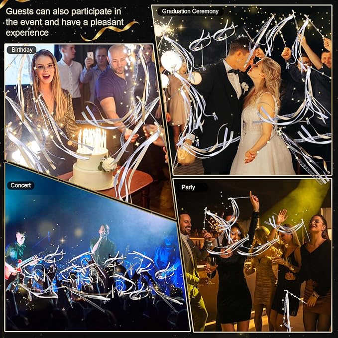 100 Pcs Wedding Wands Ribbon Streamers with 3 Colorful Flashing Modes, Light up LED Silk Fairy Wands, Glow Lace Stick with Bells for Wedding Reception, Graduation, New Year, Birthday Party (Champagne)