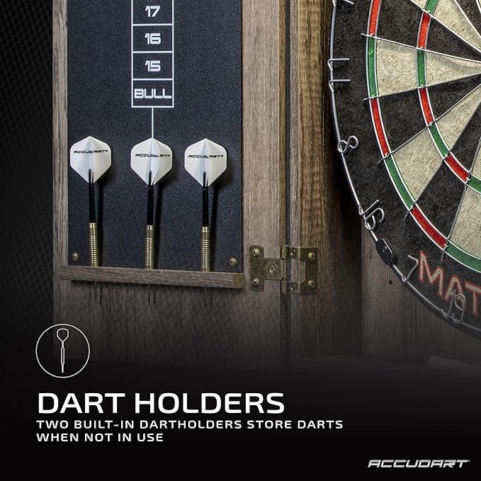 Accudart Match Pro Dartboard Cabinet Set - Official Size - Self Healing Sisal - Modern Style Woodgrain - Two Built-in Dartholders - LED Lighting - Includes Scoreboard, Chalk, Eraser, and Six Darts