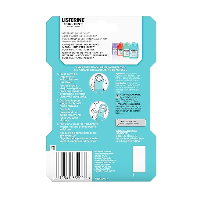 Listerine Cool Mint Pocketmist, Oral Care Mist for Fresh Breath, Non-Aerosol Sugar-Free Bad Breath Refresher Spray to Kill 99% of Bad Breath Germs, Portable, Cool Mint Flavor, 7.7 mL, 12 Sprays
