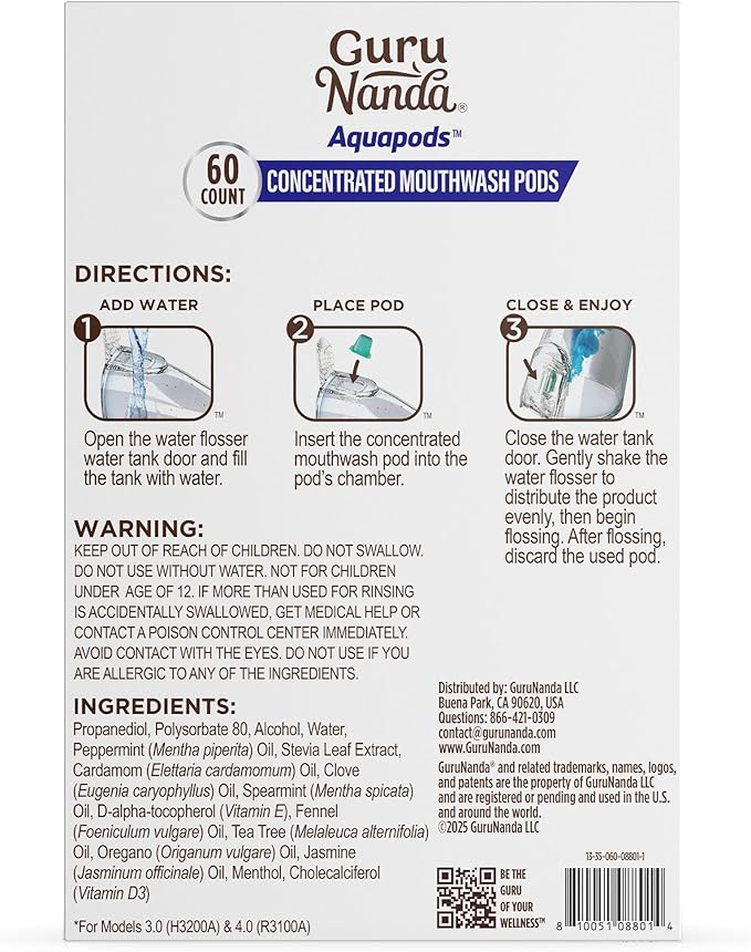 GuruNanda Aqua Pods Pre-Measured Concentrated Mouthwash for GuruNanda Water Flosser 4.0, Fluoride & Alcohol-Free, Wild Mint Flavor, Travel-Friendly, 60 Count
