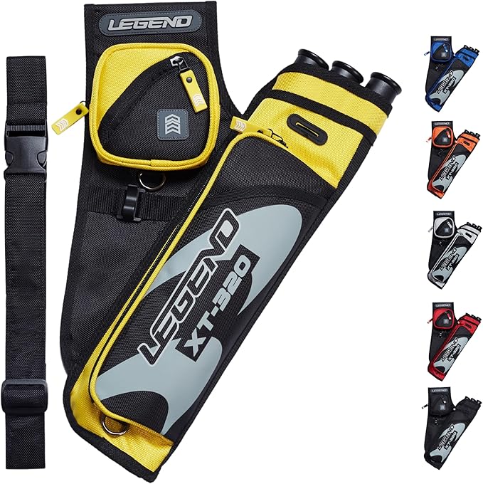 LEGEND XT320 Archery Quivers - Nylon Hip Quivers with 3 Arrow Tube Cases for Target Shooting - Adjustable Waist Belt, T-Slot, Storage Compartments for Accessories, Gear, Tools, Release Tab, Score Card