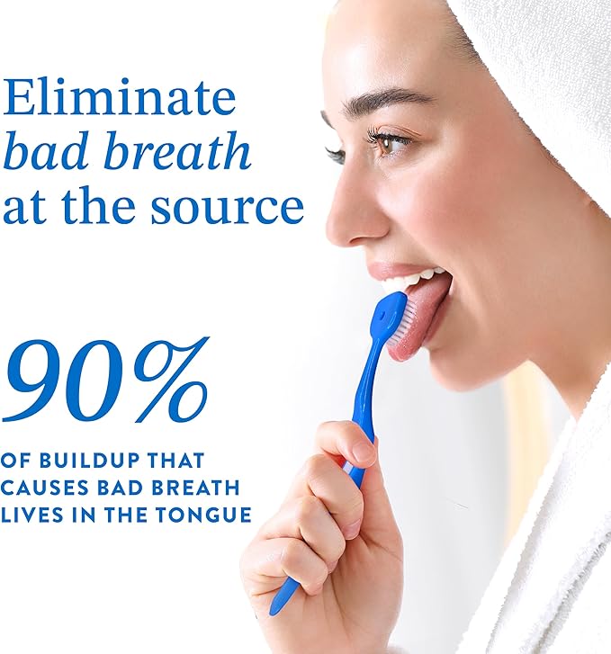 Soft Bristle Tongue Brush for Adults for Bad Breath, Halitosis & Oral Hygiene - Tongue Scraper Brush with Ergonomic Handle & Protective Cap for Easy Storage & Travel - 2 Pack