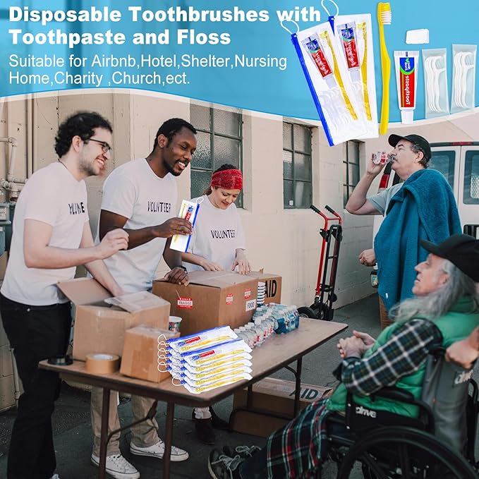 10 pcs Disposable Toothbrushes with Toothpaste and Floss Set,Yellow Individually Wrapped Bulk Single Use Toothbrush Floss Cover Travel Toothbrushes Kit with Zip Bag for Homeless,Hotel,Guest